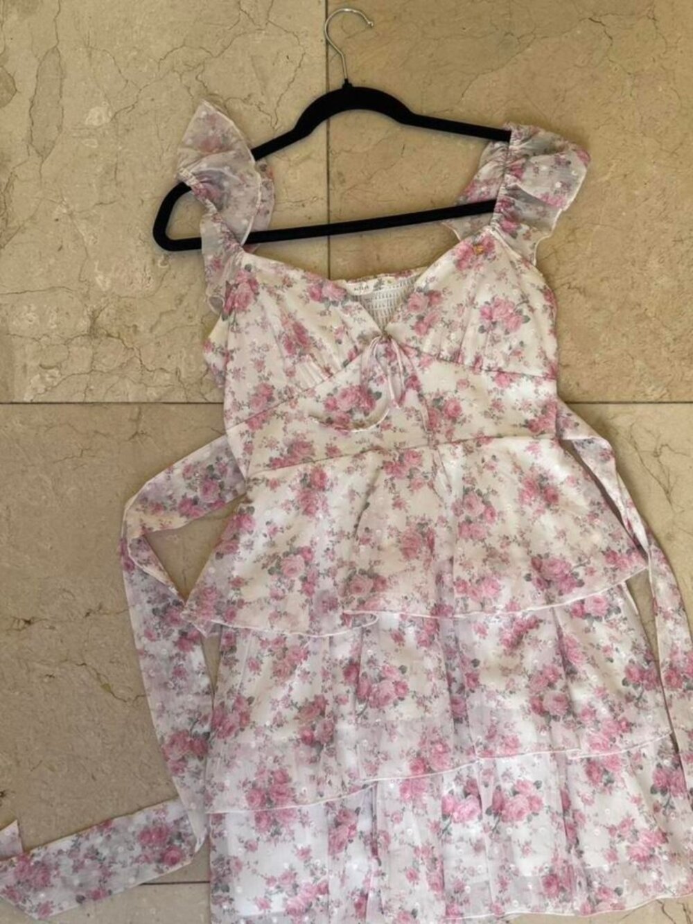 Pink Floral Ruffle Strap Tiered Mini Dress